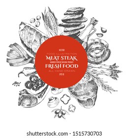 vector meat hand drawn illustration with vegetables. raw beef and pork steak for chargrill. organic flat lay ingredients. design restaurant template with farm products