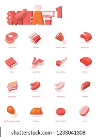 Vector meat icon set. Includes beef, pork, lamb chicken meat icons and meat products - sausages, bacon, parma ham, ribs, beef cut, salami, burger patty, ham and pork belly