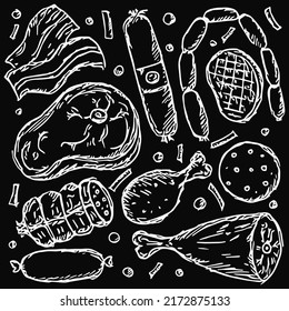 Vector meat icons. Doodle vector illustration with meat products icons