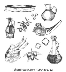 vector meat illustration. hand drawn pork steak design template. flat lay sketch of bacon, rib, olive oil, pepper and olives