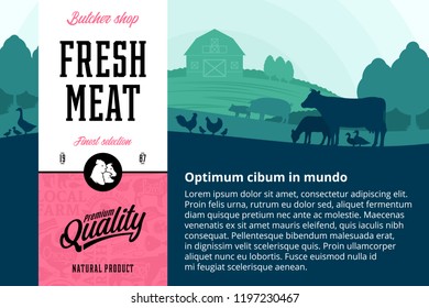 Vector meat illustration with rural landscape and farm animals. MOdern style butchery label. Butcher's shop pattern and design elements.