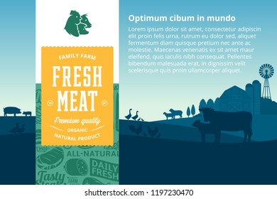 Vector meat illustration with rural landscape and farm animals. MOdern style butchery label. Butcher's shop pattern and design elements.