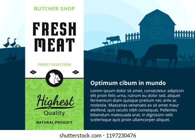 Vector meat illustration with rural landscape and farm animals. MOdern style butchery label. Butcher's shop pattern and design elements.