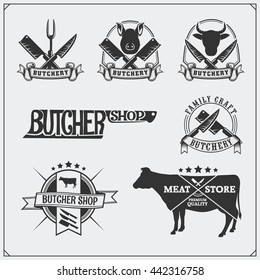 Vector meat labels. Butcher's business logos. Silhouettes of farm animals.
