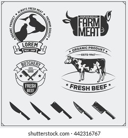 Vector meat labels. Butcher's business logos. Silhouettes of farm animals.
