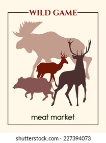 Vector meat market banner with big game silhouettes made in retro style.