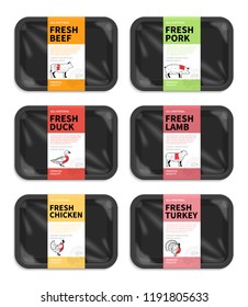 Vector meat packaging. Butchery labels. Black foam meat tray with plastic film mockups.  American (US) cuts of beef, pork, lamb, chicken, duck and turkey diagrams.