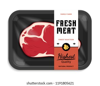 Vector Meat Packaging Illustration. Black Foam Meat Tray With Plastic Film Mockup. Modern Style Butchery Label.   Farm Animals Icons.