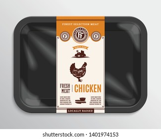 Vector Meat Packaging Illustration. Chicken Meat Label. Black Foam Meat Tray With Plastic Film Mockup. American (US) Cuts Of Chicken Diagram.