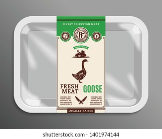 Vector meat packaging illustration. Goose meat label. White foam meat tray with plastic film mockup. American (US) cuts of goose diagram.