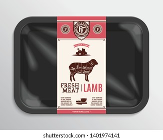 Vector meat packaging illustration. Lamb meat label. Black foam meat tray with plastic film mockup. American (US) cuts of beef diagram.