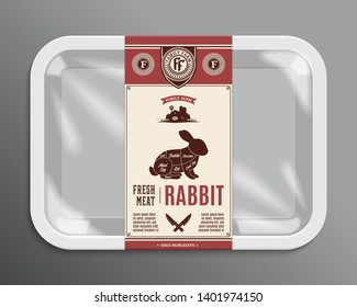 Vector meat packaging illustration. Rabbit meat label. White foam meat tray with plastic film mockup. American (US) cuts of rabbit diagram.