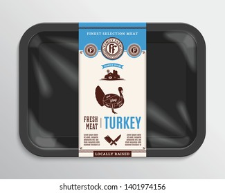 Vector meat packaging illustration. Turkey meat label. Black foam meat tray with plastic film mockup. American (US) cuts of turkey diagram.
