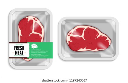 Vector meat packaging illustration. White foam meat tray with plastic film mockup. Modern style butchery label.   Farm animals icons.