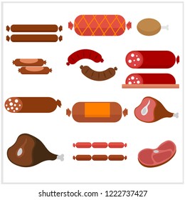 Vector meat products. Beef, sirloin, ham, chicken, bacon, sauvage, frankfurter. Drawings on the theme of food in cartoon style.