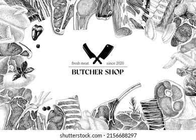 Vector meat products design template. Hand drawn beef, ribs, steak, bone, rib, roast, bacon, knuckle. It can be used for window dressing and product packaging.