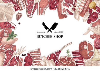 Vector meat products design template. Hand drawn beef, ribs, steak, bone, rib, roast, bacon, knuckle. It can be used for window dressing and product packaging.