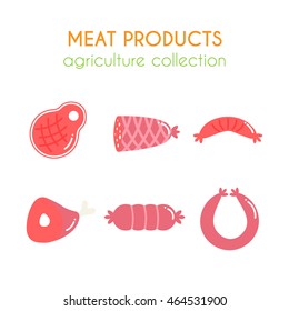 Vector meat products illustrations. Sausages and ham design. Cartoon slice of steak. Barbecue set. Pork and beef meat elements. Flat agriculture collection.