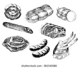 vector meat sketch drawing. steak, pepperoni, salami, ribs, ham hand drawing