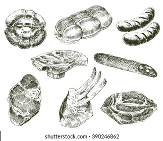 vector meat sketch drawing. steak, pepperoni, salami, ribs, ham hand drawing