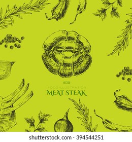 vector meat steak hand drawn designer template. food hand-drawn backdrop for corporate identity