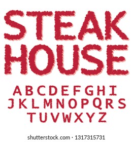 Vector. Meat, steak, pork, beef, ham, bacon, font, alphabet, letters, typography.