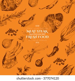 vector meat steak sketch drawing designer template. food hand-drawn backdrop for corporate identity