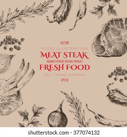 vector meat steak sketch drawing designer template. food hand-drawn backdrop for corporate identity
