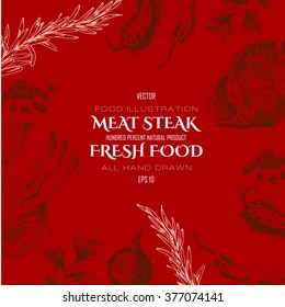 vector meat steak sketch drawing designer template. food hand-drawn backdrop for corporate identity