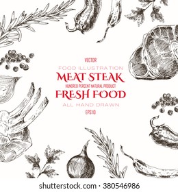 plantilla de diseñador de dibujo de dibujo de boceto de carne vectorial. fondo alimentario para la identidad corporativa