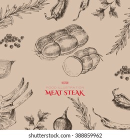 vector meat steak sketch drawing designer template. food hand-drawn backdrop for corporate identity