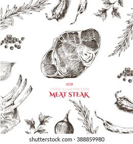vector meat steak sketch drawing designer template. food hand-drawn backdrop for corporate identity
