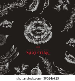 vector meat steak sketch drawing designer template. food hand-drawn backdrop for corporate identity