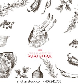 vector meat steak sketch drawing designer templates. food hand-drawn backdrop for corporate identity