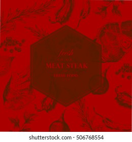 vector meat steak sketch drawing designer templates. food hand-drawn backdrop for corporate identity