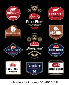 Vector meat store and butchery logo, labels and design elements. Steak and farm animals icons.