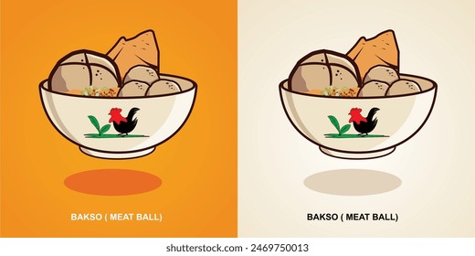 Vector meatballs split in the middle with three small meatballs and fried toppings with a white bowl with a chicken logo with its characteristic