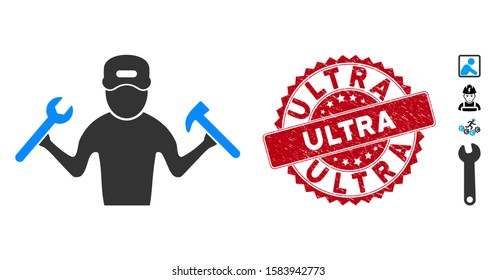 Vector mechanic boy icon and grunge round stamp seal with Ultra phrase. Flat mechanic boy icon is isolated on a white background. Ultra stamp seal uses red color and grunge surface.