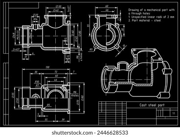 
Vektorgrafik mechanisches Zeichnen eines mechanischen Teils aus Stahlguss mit 
durch Bohrungen und Maßlinien.
CAD-Konstruktionsschema. Technische Vorlage. 3D-Modell. Querschnitt.