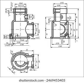 Vector mechanic drawing of a steel cast mechanical part with 
through holes and dimension lines.
Engineering cad scheme. Technical template. Cross section.