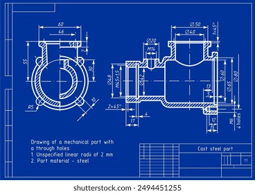 Vector mechanic drawing of a steel cast mechanical part with 
through holes and dimension lines.
Engineering cad scheme. Technical template. 3d model. Cross section.