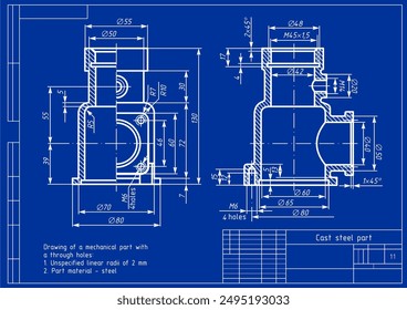 Vektorgrafik Mechanische Zeichnung eines Stahlguss-Mechanikteils mit Durchgangslöchern und Maßlinien. CAD-Konstruktionsschema. Technische Vorlage. 3D-Modell. Querschnitt.