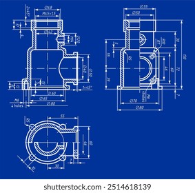 
Vector mechanic drawing of a steel cast mechanical part with 
through holes and dimension lines.
Engineering cad scheme. Technical template. Cross section.