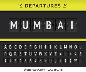 Vector mechanical airport flip board font with flight info of departure destination in India: Mumbai with airline icon.
