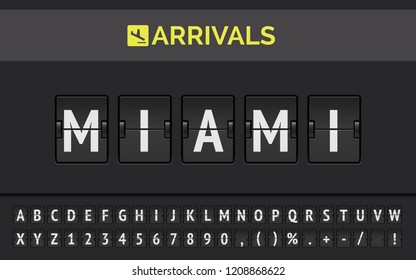 Vector mechanical airport flip board font with flight info of destination in USA: Miami with airline arrival sign.