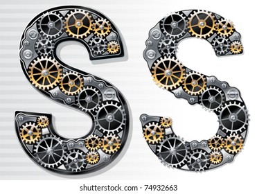 Vector mechanical alphabet of gears. Letter S