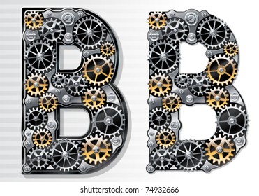 Vector mechanical alphabet of gears. Letter B
