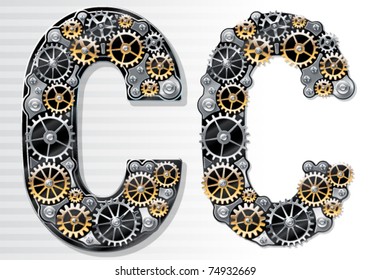 Vector mechanical alphabet of gears. Letter C