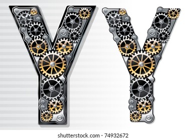 Vector mechanical alphabet of gears. Letter Y