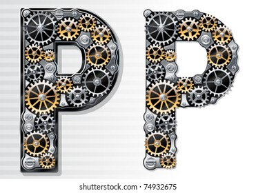 Vector mechanical alphabet of gears. Letter P